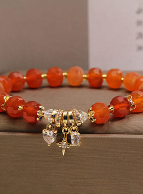 天然刻面红波斯湾水晶手链女轻奢小众微镶锆石爱心吊坠高级感手串