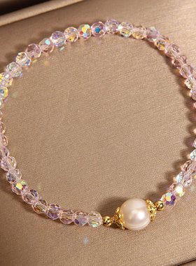 黑色水晶珍珠手链女ins小众轻奢高级感森系手串气质百搭手环手饰