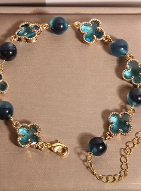 新中式精致蓝色糖心玛瑙手链女轻奢小众幸运四叶草手串送朋友礼物