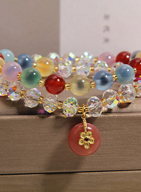 新中式彩色糖心玛瑙双圈手链女轻奢小众高级感盐源平安扣水晶手串