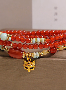 新中式红玛瑙多层手链女轻奢小众高级感寿山石算盘珠狐狸面具手串