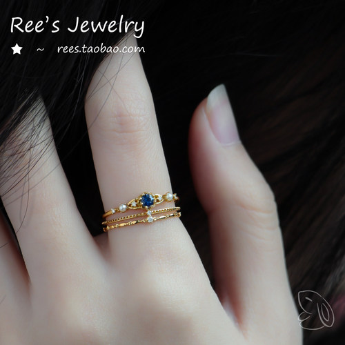 Ree。蓝丝绒 天然蓝宝石珍珠18k黄金vitage古典戒指 指环 - 图2