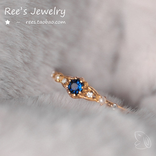 Ree。蓝丝绒 天然蓝宝石珍珠18k黄金vitage古典戒指 指环 - 图0