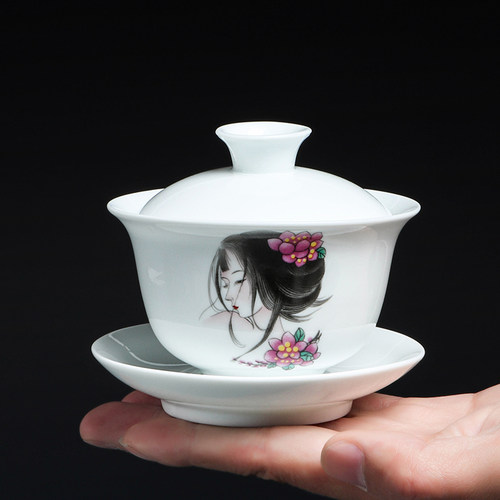 羊脂玉瓷白瓷单个盖碗三才茶碗茶杯陶瓷手工泡茶器家用新手泡茶 - 图1