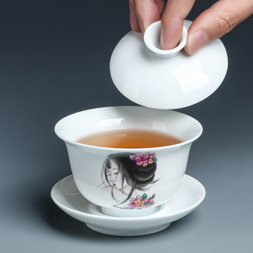 羊脂玉瓷白瓷单个盖碗三才茶碗茶杯陶瓷手工泡茶器家用新手泡茶 - 图2