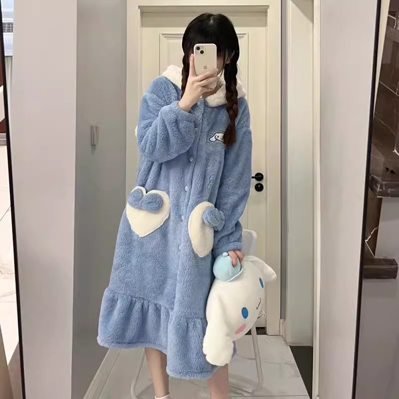 秋冬季大耳狗长款睡袍动物可爱连体睡衣成人卡通珊瑚绒男女情侣 - 图1