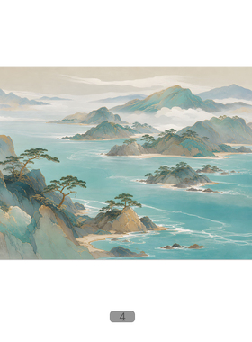 新中式国潮青绿山水金秋碧海装饰画画心客厅背景墙挂画自粘画打印