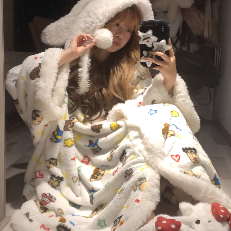 加厚!2025新款蜡笔小新连帽珊瑚绒睡袍女冬加绒睡衣法兰绒家居服