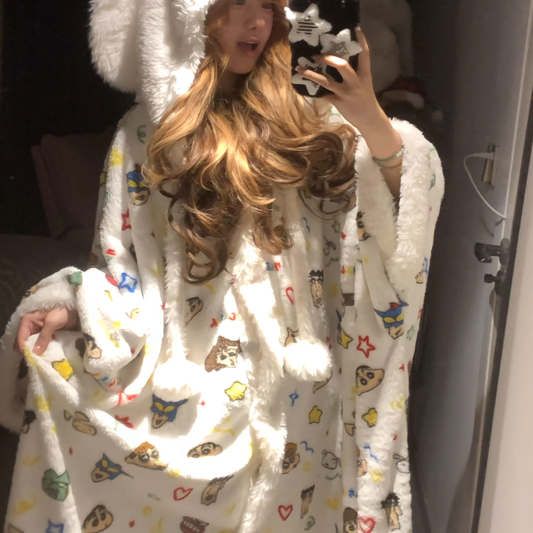 加厚!2025新款蜡笔小新连帽珊瑚绒睡袍女冬加绒睡衣法兰绒家居服