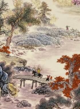 汪野亭作品红木雕龙纹镶瓷板画粉彩山水湖光秀色中堂挂屏装饰画