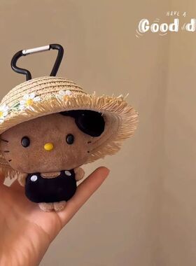 日本官方正品正版旗舰黑皮kitty挂件草帽毛绒玩偶豹纹度假风可爱