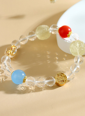 五路金爷黄水晶手链四方纳金天然白水晶男女情侣文创爆款饰品