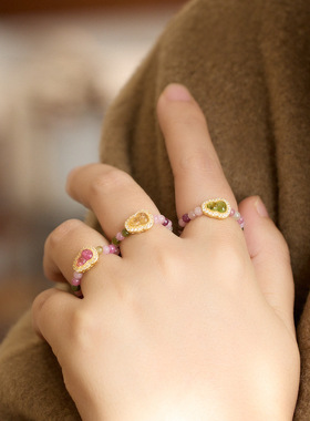 新中式天然碧玺戒指多宝天然石多巴胺国潮风送闺蜜设计款碧玺戒指