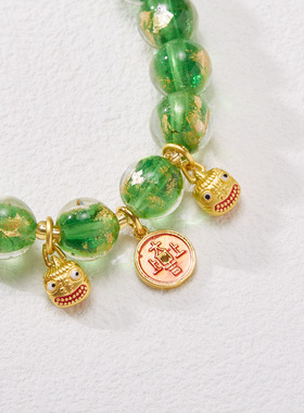 手工国风天然绿色香灰金箔琉璃吞金兽手串上上大吉琉璃手链