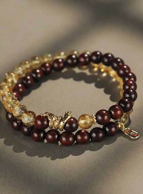 黄塔水晶绿檀木双圈福蛇手链男女文艺复古民族风紫檀木手串