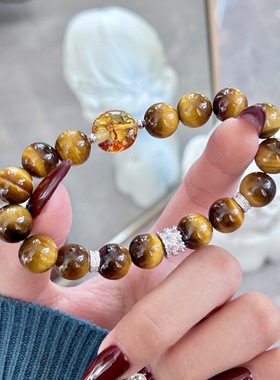 原创黄虎眼琥珀月亮大m数合金单圈精致富贵时尚大方女款手串手饰
