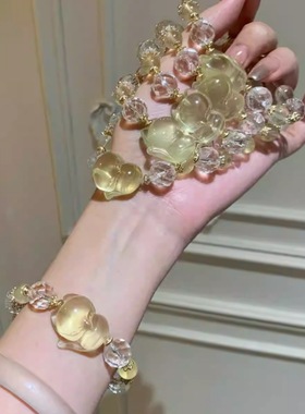 日富一日天然柠檬黄水晶狐狸手串粉水晶手链首饰礼物