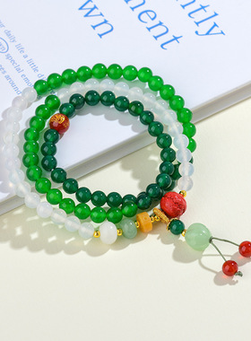 白玛瑙绿玛瑙玉髓三圈手链复古小众设计景区寺院文创饰品风格