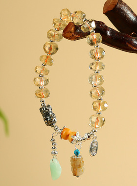 巴西天然黄水晶刻面盘珠手链时尚新中式文创女款貔貅财气手串