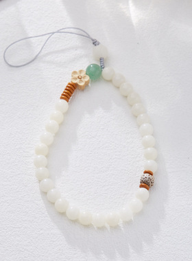 海南白玉菩提梅花翠绿设计款手链手机链手持系列古风小众百搭饰品