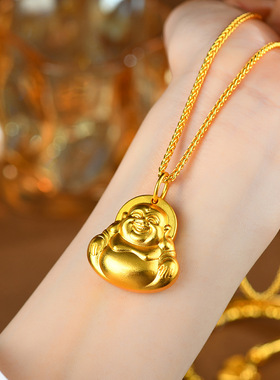 古法黄色弥勒笑佛吊坠项链大肚佛笑脸佛挂坠饰品沙金锁骨链