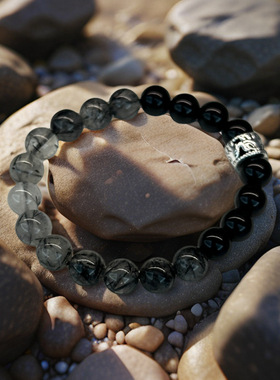 原创天然黑发晶黑曜石手链酷酷的黑白灰弹性手串可水洗不掉色礼物