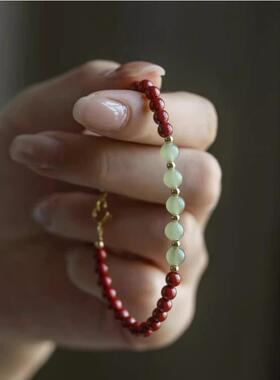 手串本命年纯银珠手链女夏季饰品天然高含量帝王砂和田玉朱砂