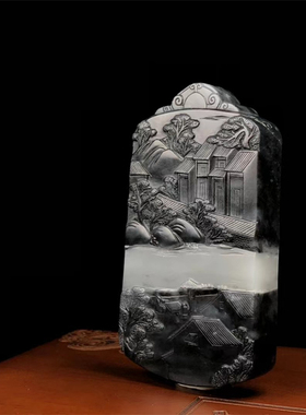 新疆和田玉青花籽料山水意境手把牌天然玉石黑白分明苏工把玩件