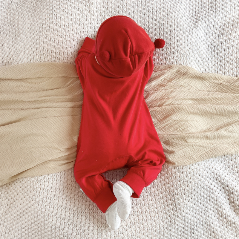 婴儿纯棉连体衣宝宝满月周岁红色喜庆衣服新生儿过年服长袖爬爬服-图2