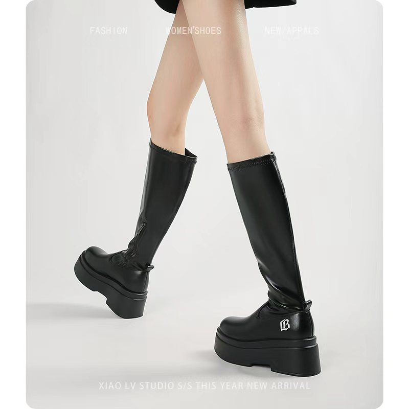 35-43大码胖mm靴子女粗腿大筒围高跟高筒大筒围骑士靴厚底长筒靴 - 图0