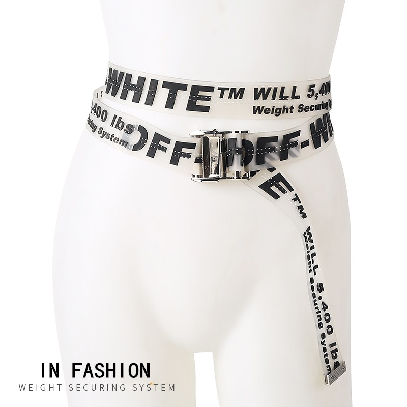 OFF WHITE ow高街百搭新刺绣银色扣黄色工业透明果冻色男女皮带黑