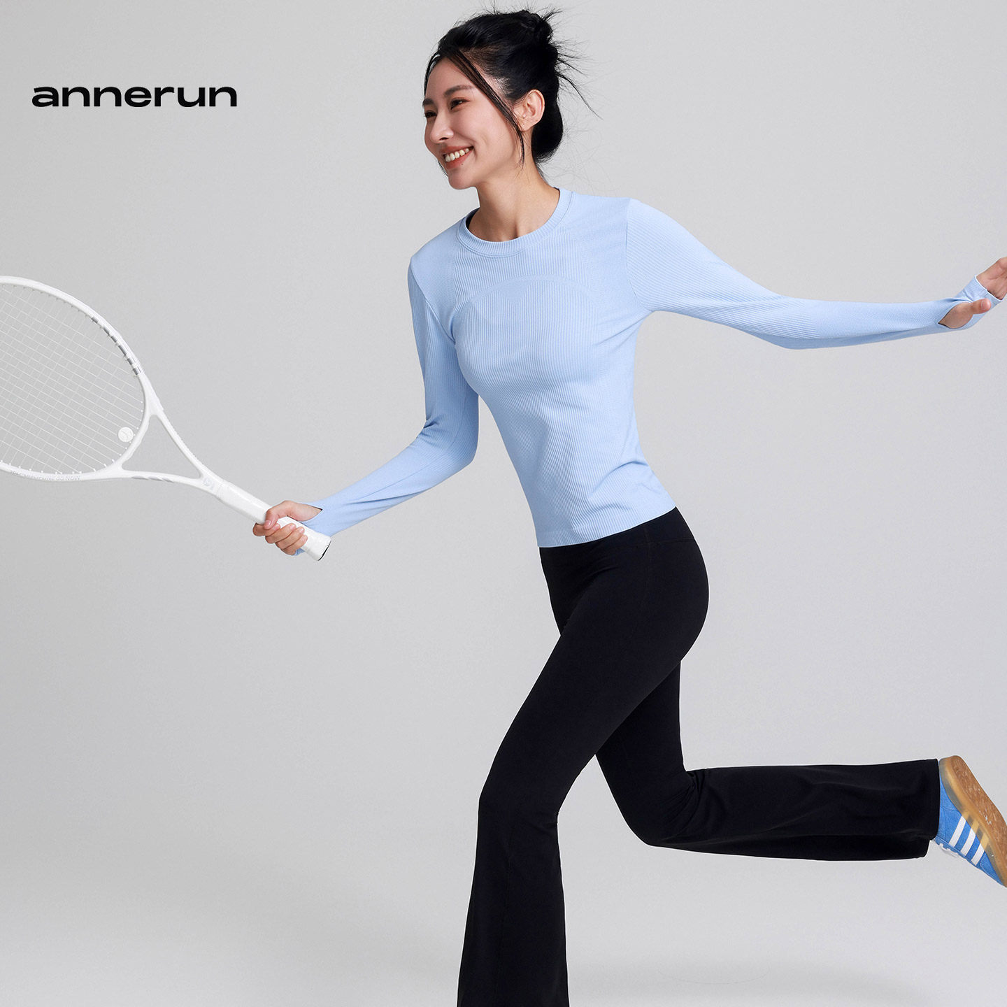 annerun圆领运动上衣女修身圆领健身瑜伽服跑步训练普拉提长袖T恤,淘宝优惠券,粉丝福利购,淘宝优惠卷