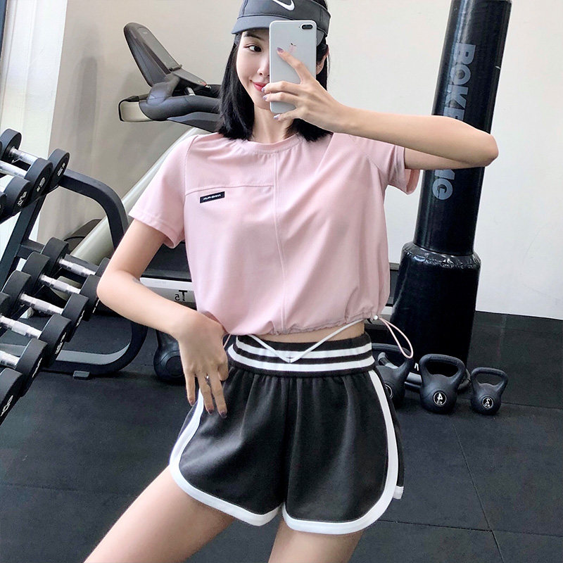 annerun网红运动短袖女圆领速干弹力宽松抽绳短款露脐瑜伽健身T恤,淘宝优惠券,粉丝福利购,淘宝优惠卷