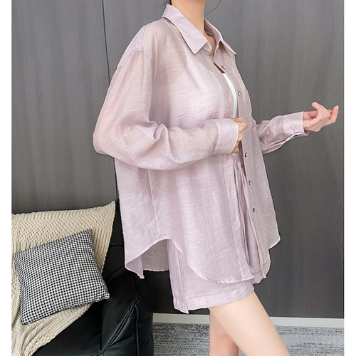 天丝莱赛尔防晒衬衫短裤两件套女夏季紫粉极简慵懒风休闲宽松套装 - 图0