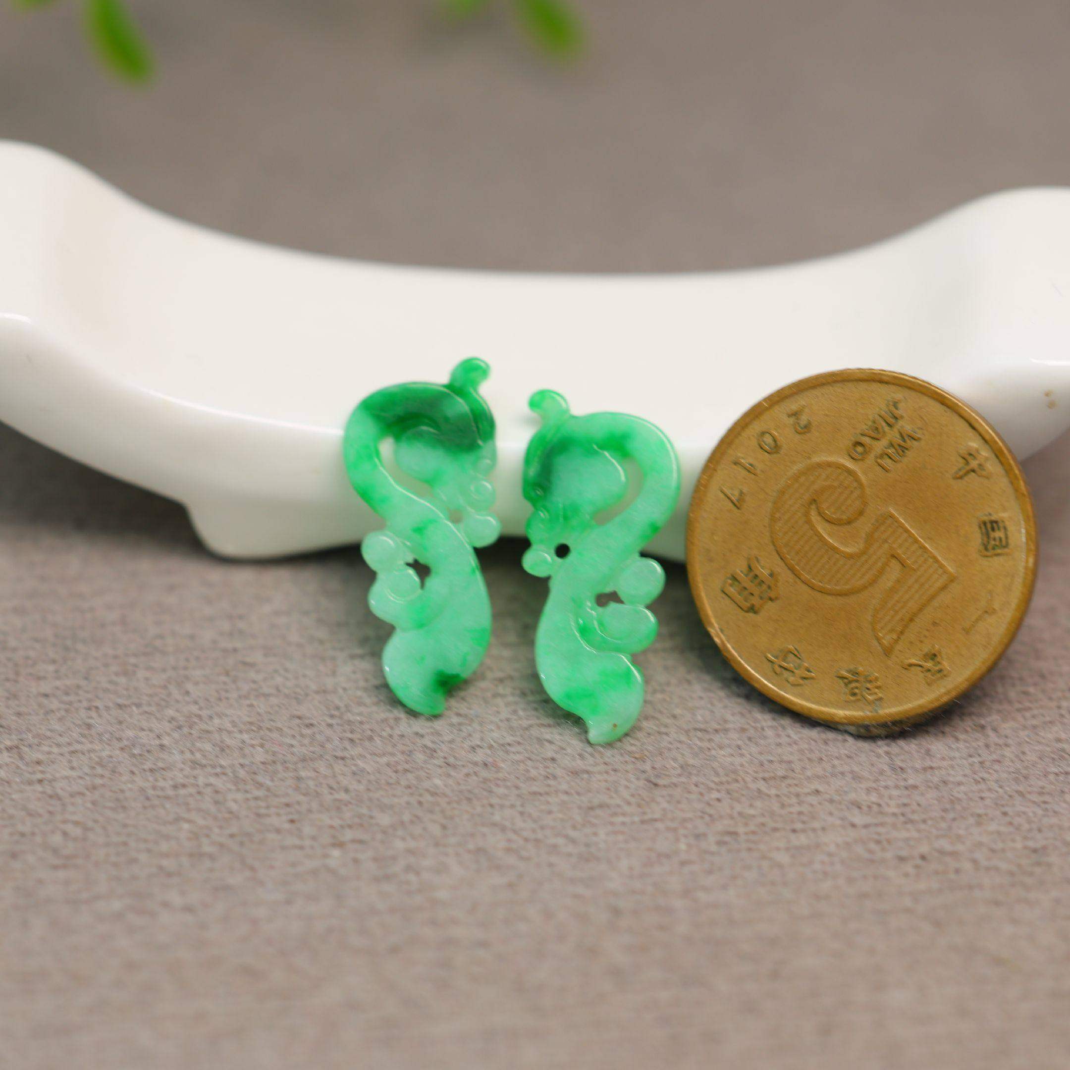 #I968一对阳绿缅甸天然A货翡翠镂空龙纹耳钉花片裸石,淘宝优惠券,粉丝福利购,淘宝优惠卷