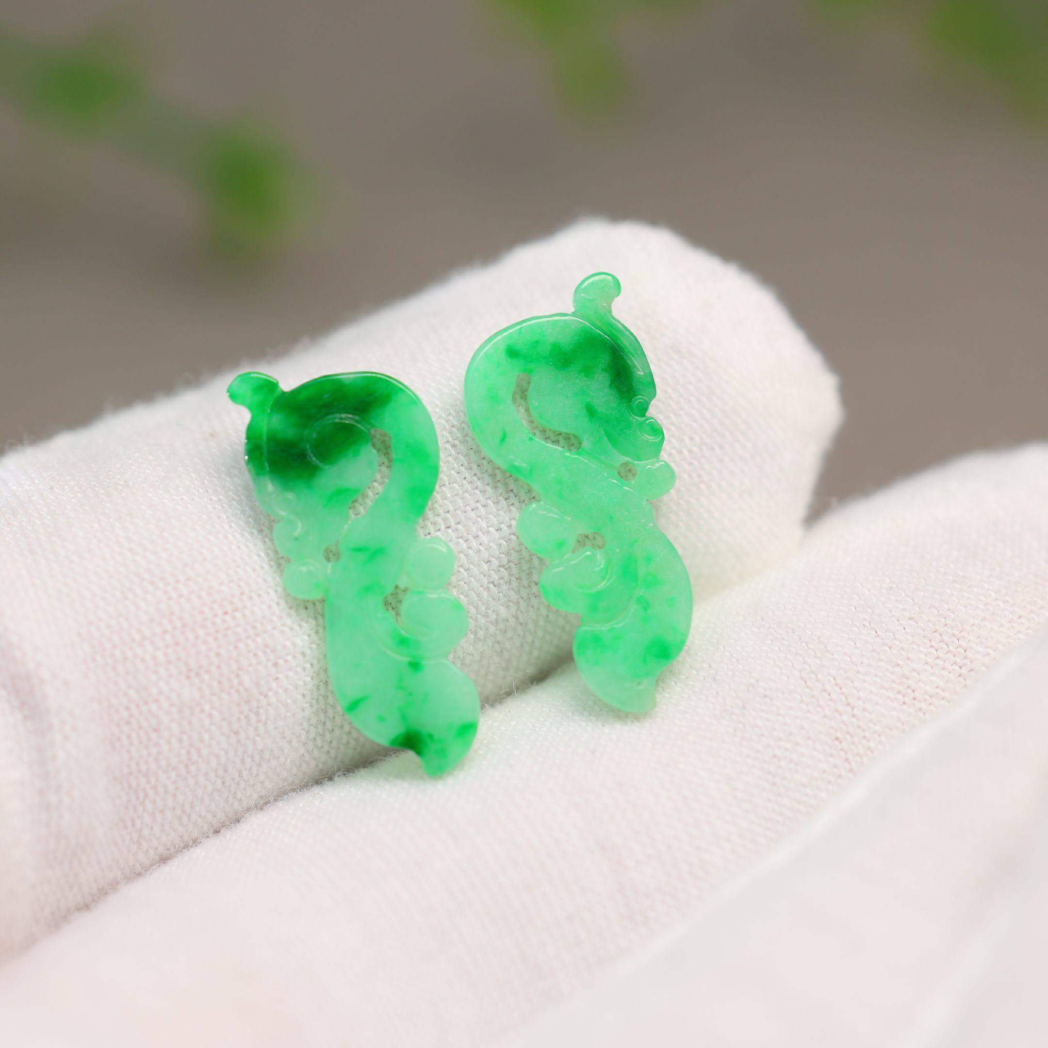 #I968一对阳绿缅甸天然A货翡翠镂空龙纹耳钉花片裸石,淘宝优惠券,粉丝福利购,淘宝优惠卷
