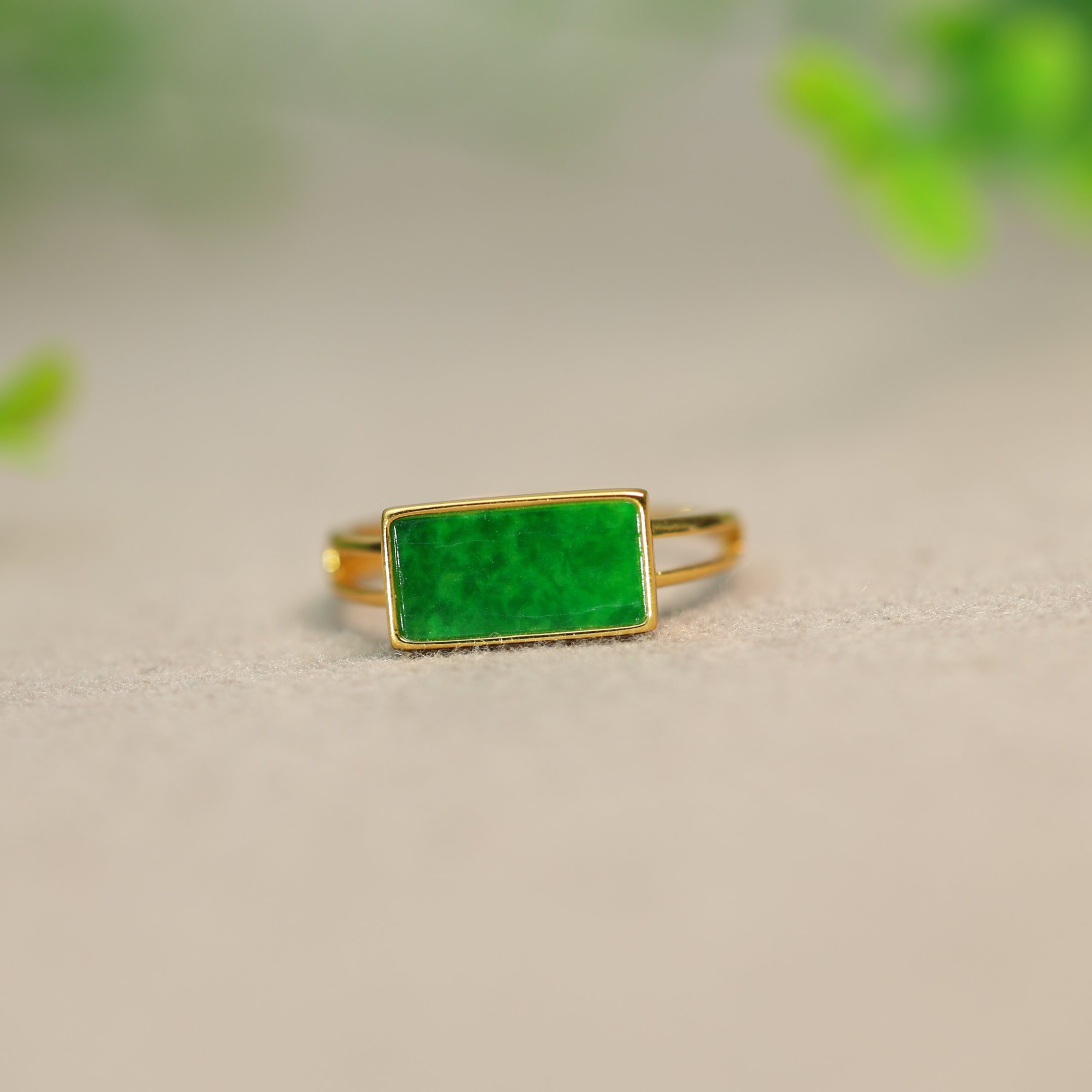 Spicy Green Burmese Natural Grade A Jade Rectangular Ring