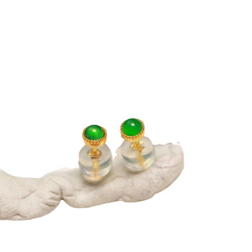 特价#8525 一对18K金镶嵌老坑冰种满绿天然A货翡翠圆形蛋面耳钉 - 图3