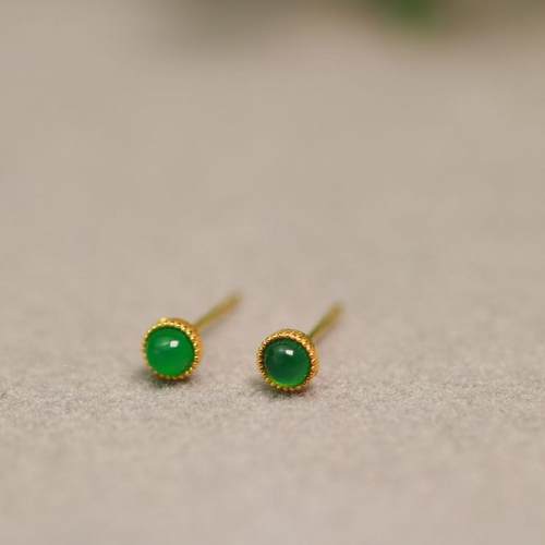 特价#8525 一对18K金镶嵌老坑冰种满绿天然A货翡翠圆形蛋面耳钉 - 图1