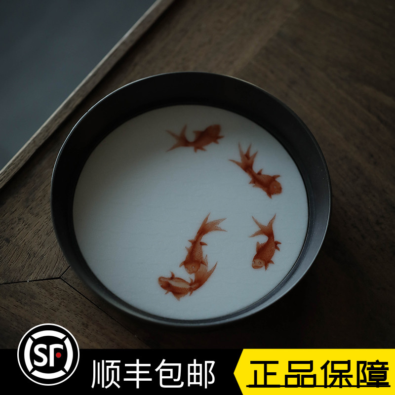 湘缘阁 景德镇赋山堂纯锡手绘水纹金鱼锡托壶承壶托干泡台茶台 湘缘阁 景德镇赋山堂纯锡手绘水纹金鱼锡托壶承壶托干泡台茶台