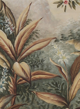 复古中古绿色芭蕉叶风景画