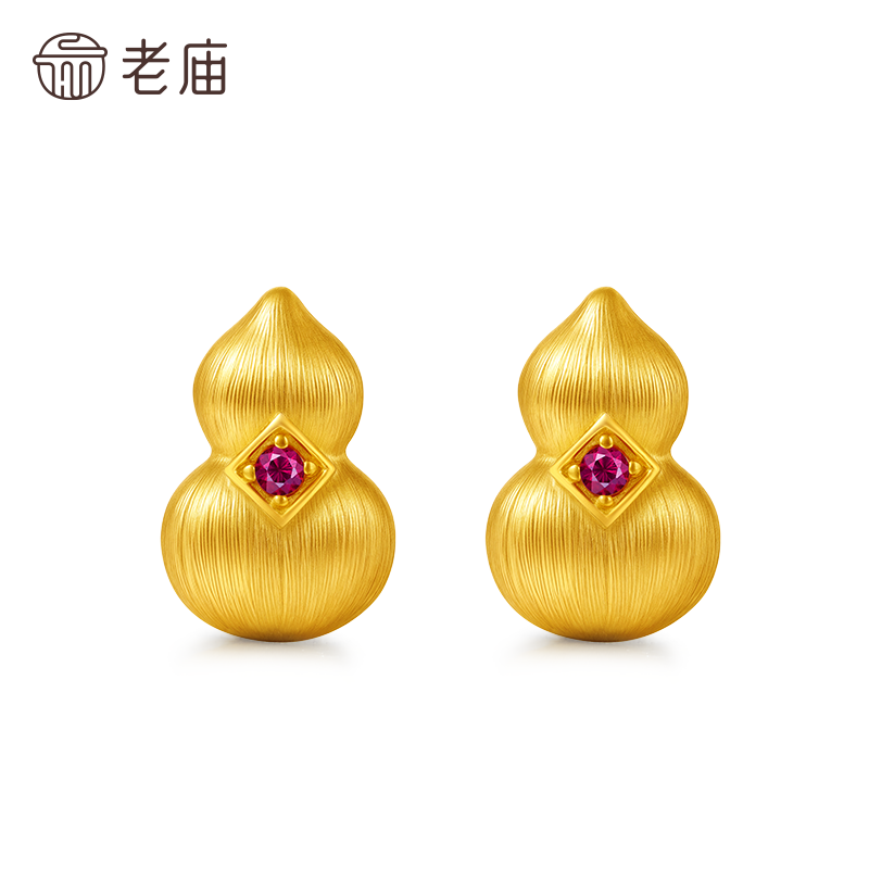 老庙黄金足金古法金拉丝葫芦耳钉红宝石华丽古韵金作福禄临门,淘宝优惠券,粉丝福利购,淘宝优惠卷