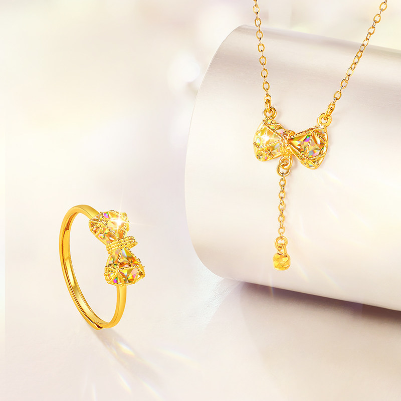 Laomiao Gold Dazzling Diamond Series Pure Gold Symphony Bow Ring 5G Dreamy Dazzle