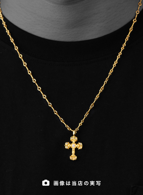 中古925银22K金色镶钻小号火焰十字架吊坠克CH罗心项链