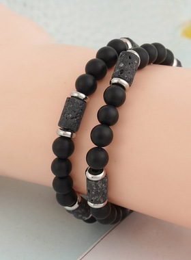 2025新款欧美新款虎石天然石男士时尚潮流手工串珠简约黑玛瑙
