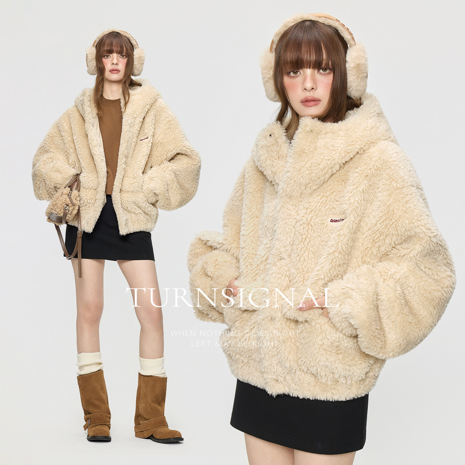 TurnSignal短款仿羊羔毛外套女连帽秋冬2025新款休闲宽松绒外套,淘宝优惠券,粉丝福利购,淘宝优惠卷