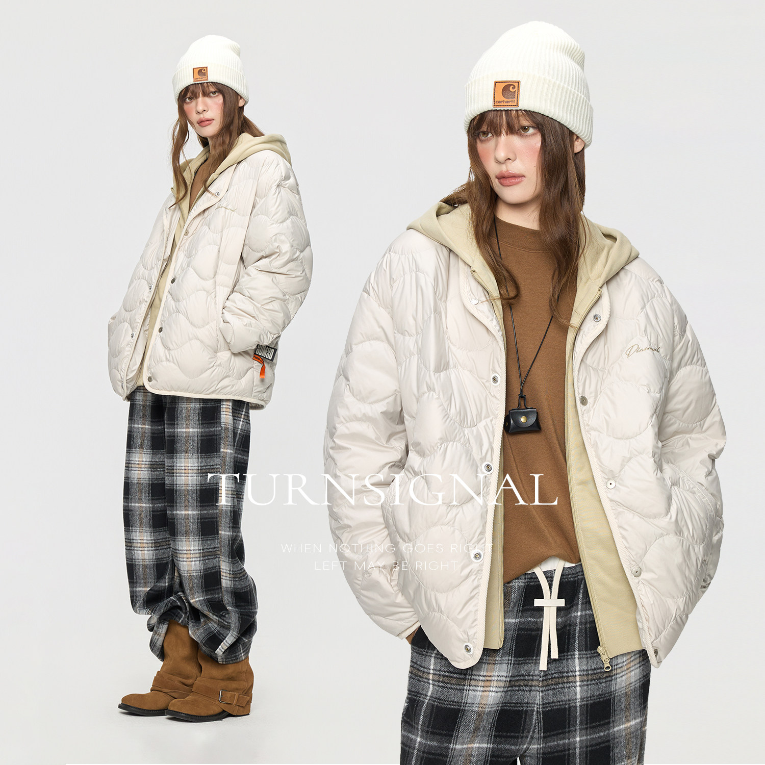 TurnSignal假两件轻薄羽绒服女冬季2025新款连帽宽松保暖羽绒外套