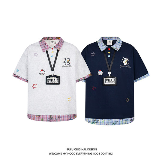 亿万少年BUFU美式复古学院风POLO衫短袖男女夏季情侣格子拼接T恤