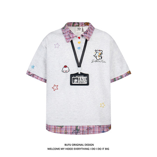 亿万少年BUFU美式复古学院风POLO衫短袖男女夏季情侣格子拼接T恤