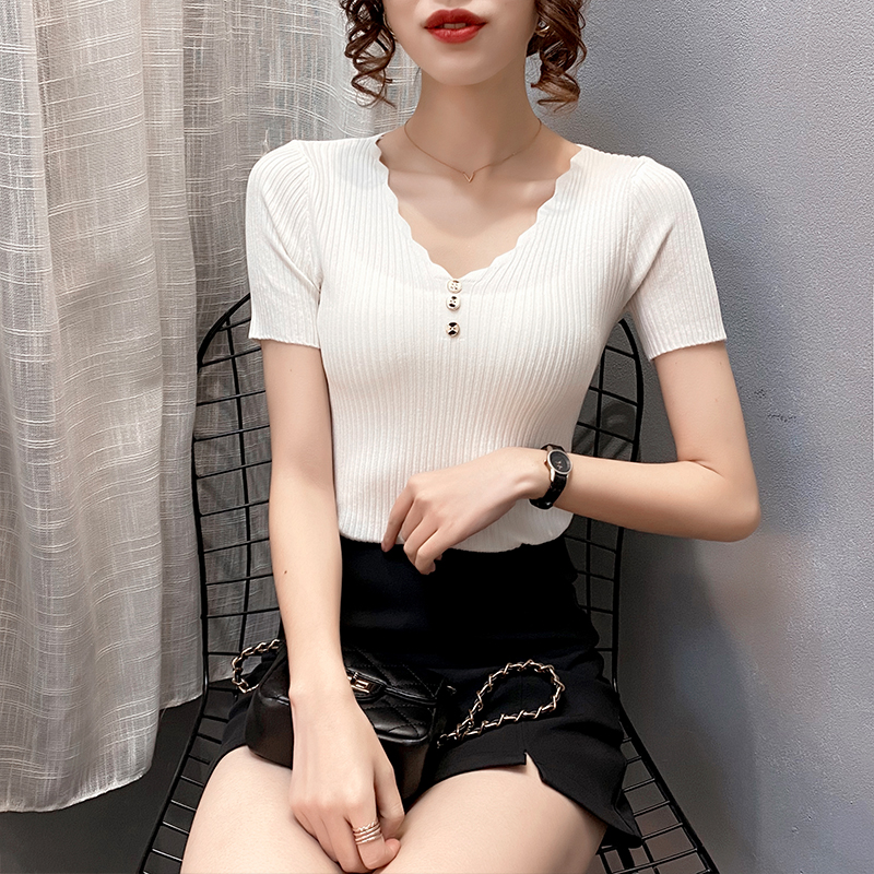 2024新款冰丝针织V领短袖t恤女夏季韩版修身显瘦百搭鸡心领上衣服